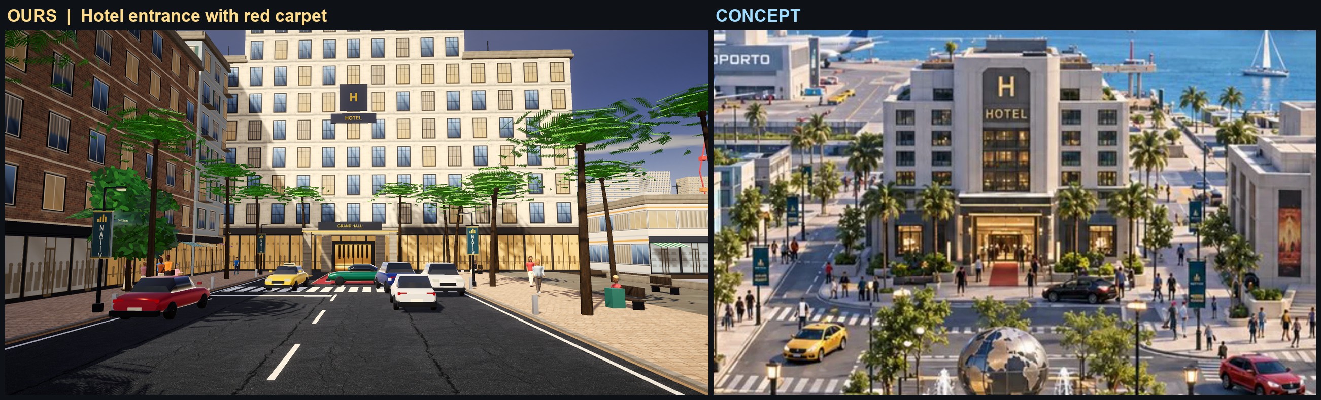Comparação entre a entrada do hotel no build e a referência visual