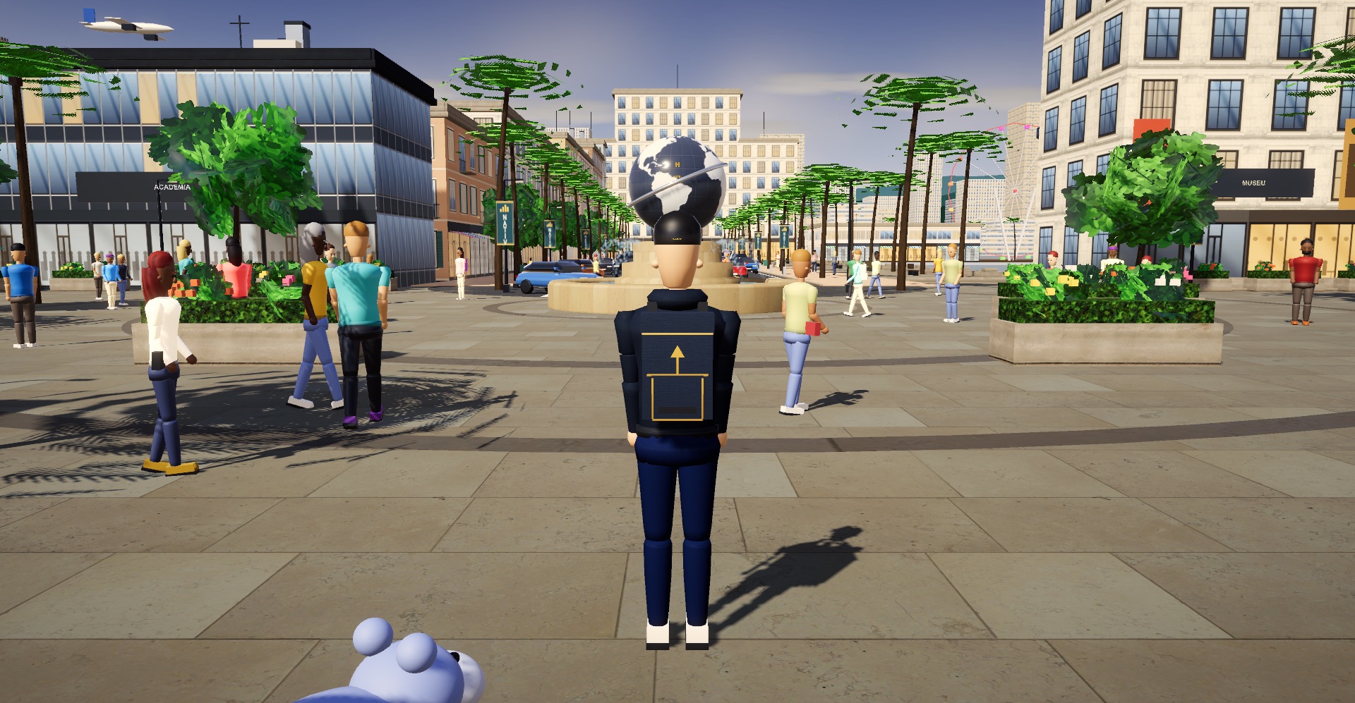 Praça do NativoCore com avatar, multidão, fonte e edifícios